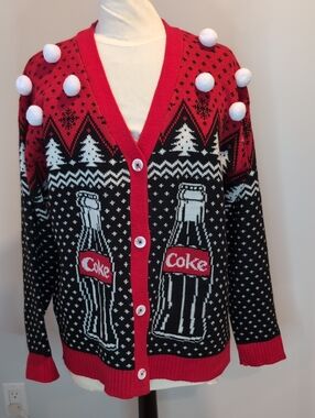 Coca Cola Red And Black Bottle Motif Cardigan Size Large Ugly Christmas Sweater
